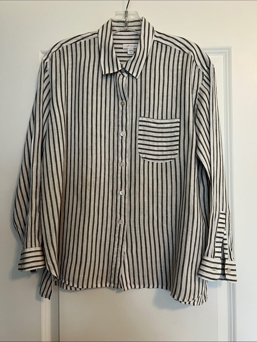 J. Jill Charcoal & White Vertical Stripe Oversize Button-Down 100% Linen Shirt